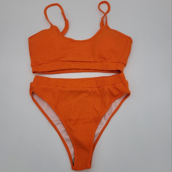 Women orange two Piece High Waisted Bikini Scoop Neck Crop Top Swimsuits - Picture 2 of 11